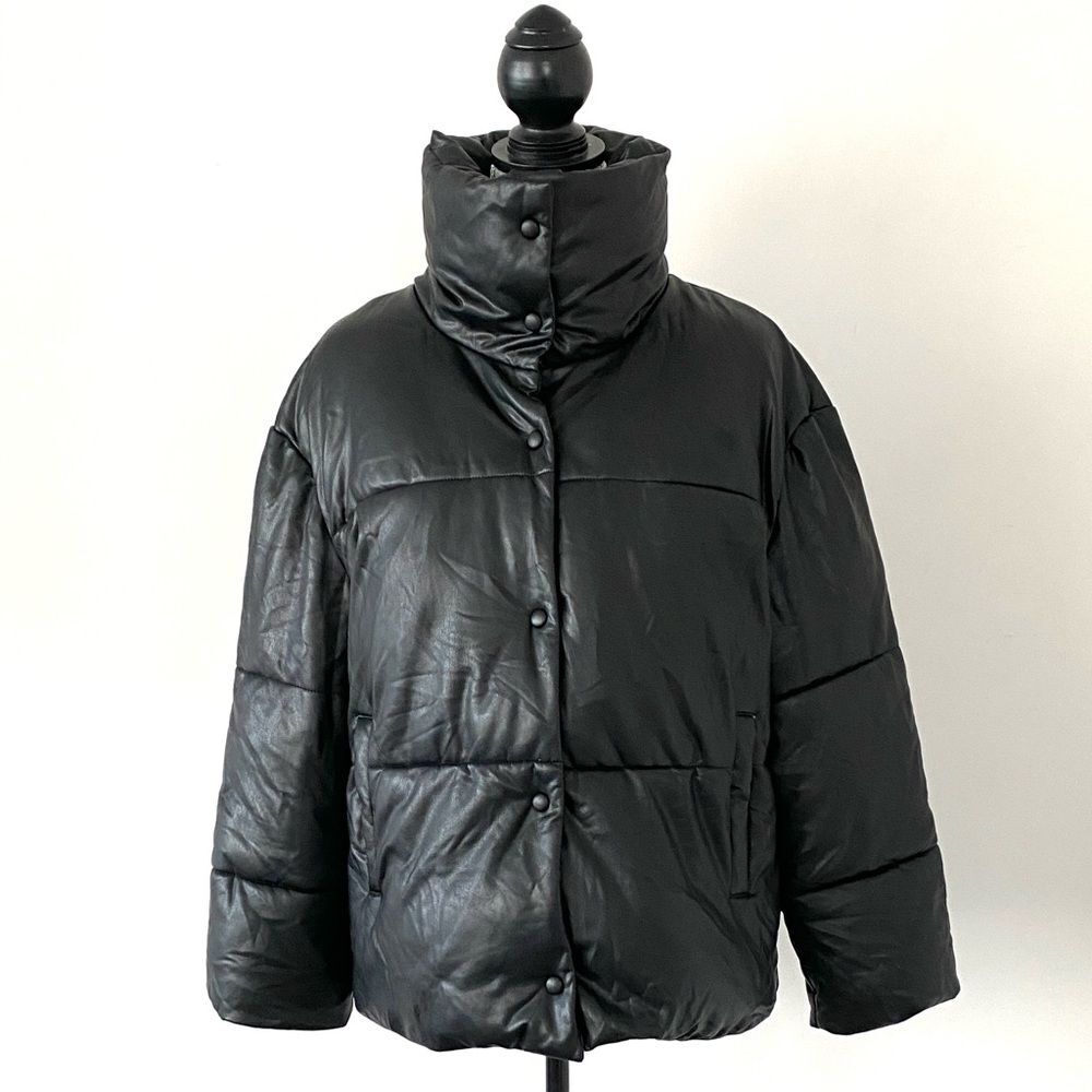 Avec Les Filles x Anthropologie Faux Leather Puffer Jacket Black Oversized Sz S